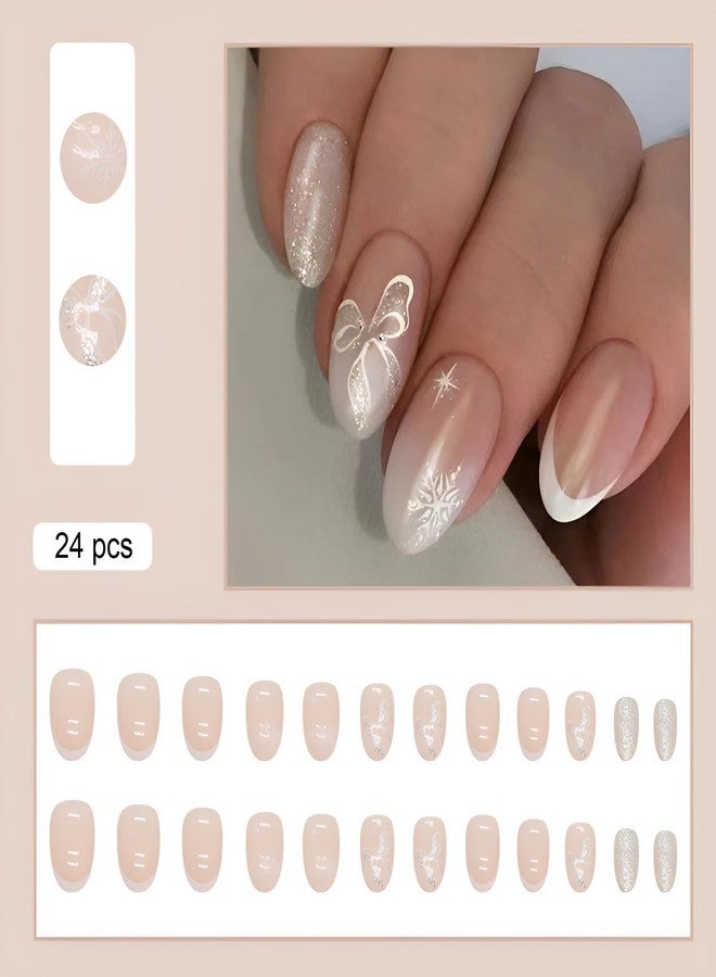winthrop Christmas Press On Nails Short Medium Almond Fake Nails, French Snowflake Bow Glitter Acrylic Full Cover False Nails Set, Natural Perfectly Reusable Stick On Nails Suitable for Women Girls - Image 2